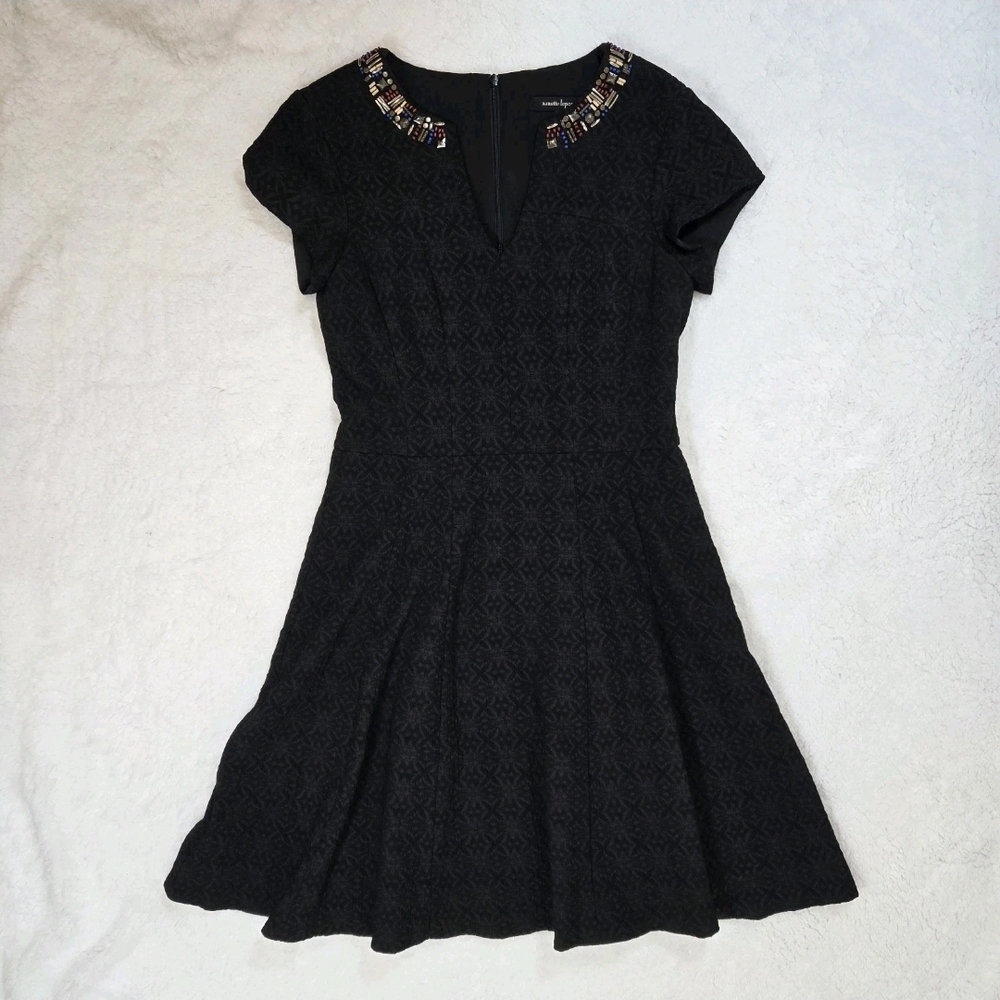 Nanette Lepore Dress Fit Flare Embellished Collar Beaded Short Sleeve Black 8P